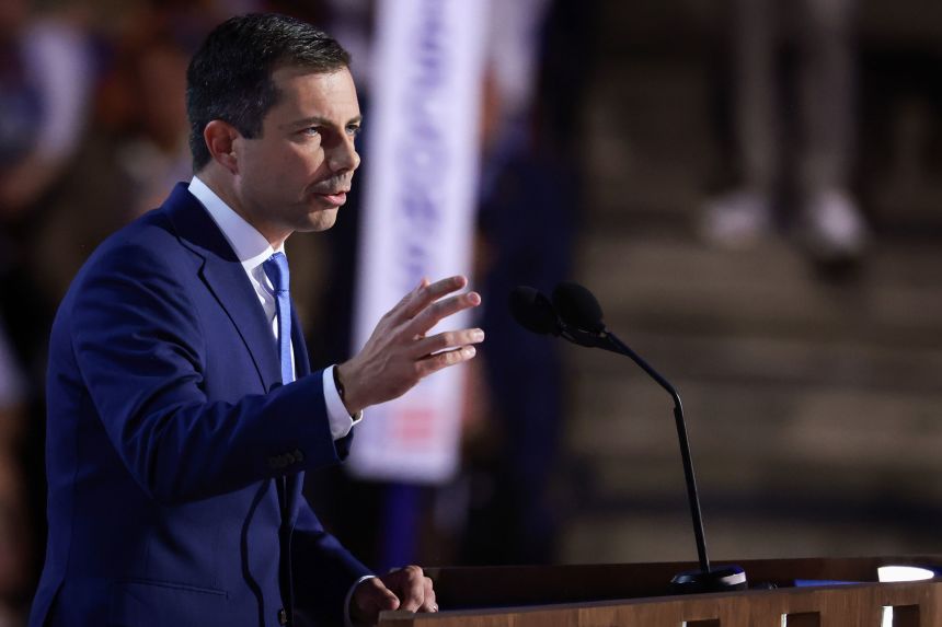 Transportation Secretary Pete Buttigieg speaks on stage during the third day of the Democratic National Convention in Chicago, Illinois, on August 21, 2024.