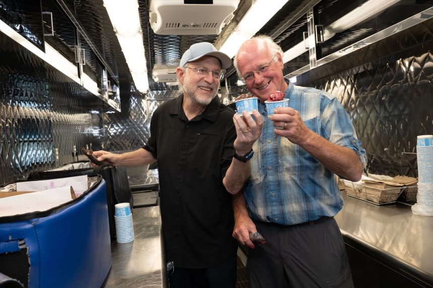 Jerry Greenfield, left, and Ben Cohen, co-founders of Ben & Jerry’s, on September 16, 2024, in Philadelphia.