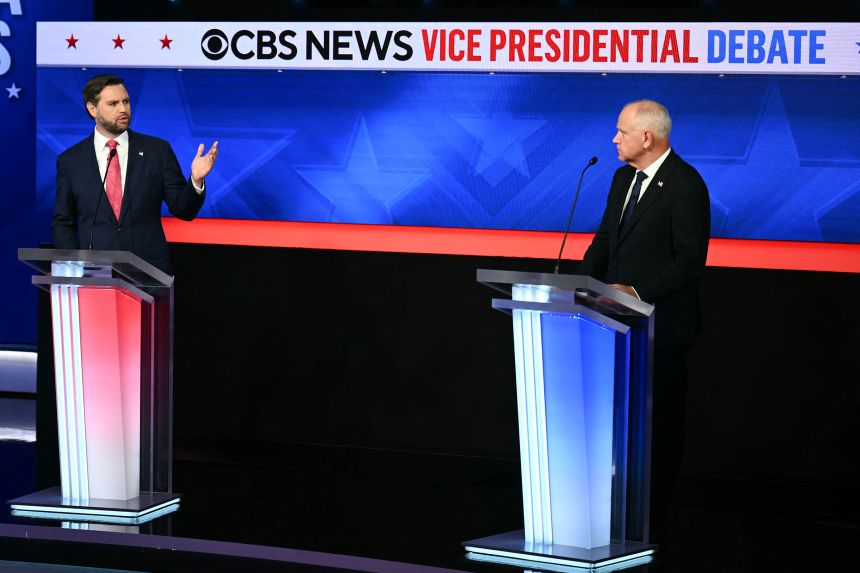 Sen. JD Vance and Minnesota Gov. Tim Walz participate in the Vice Presidential debate hosted by CBS News at the CBS Broadcast Center in New York on October 1, 2024.