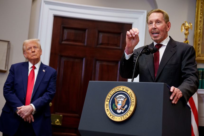 WASHINGTON, DC - JANUARY 21: Oracle co-founder, CTO and Executive Chairman Larry Ellison, accompanied by U.S. President Donald Trump in the Roosevelt Room of the White House on January 21, 2025 in Washington, DC.
