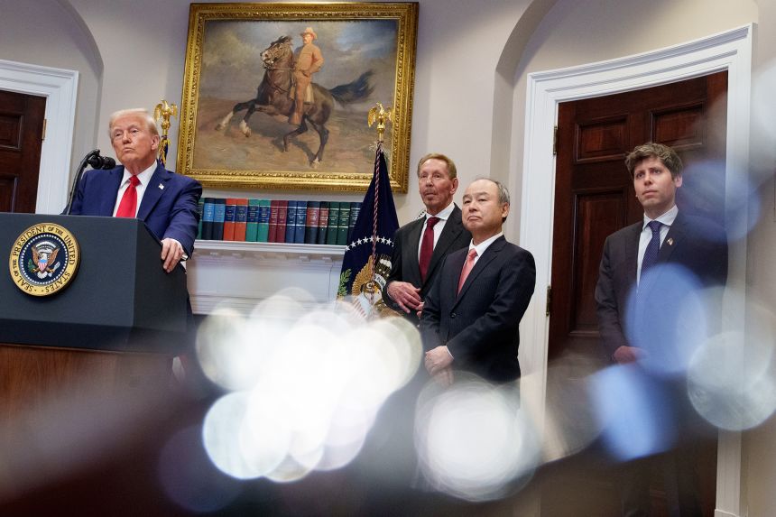 President Donald Trump, accompanied by Ellison, SoftBank CEO Masayoshi Son and OpenAI CEO Sam Altman, at the White House in January.