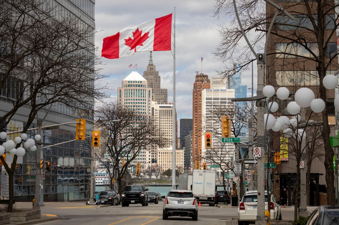 The skyline of Detroit, Michigan, can be seen from downtown Windsor, in Ontario. The tariffs are one cause of the chill between the two nations.