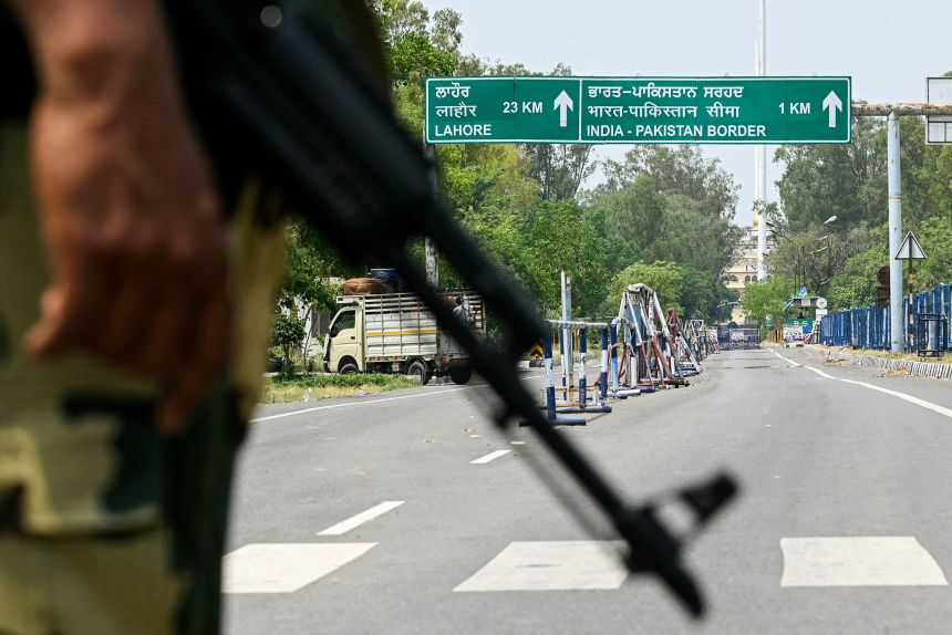 An Indian Border Security Force personnel guard the Wagah border post, about 35kms from Amritsar on May 6, 2025.