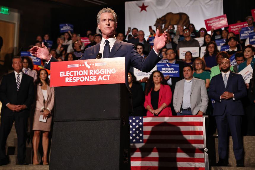 California Gov. Gavin Newsom speaks about the “Election Rigging Response Act” at a press conference at the Democracy Center, Japanese American National Museum on August 14, in Los Angeles.