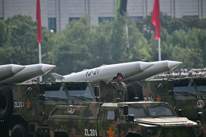 YJ-21 hypersonic anti-ship ballistic missiles are seen during a military parade marking the 80th anniversary of victory over Japan and the end of World War II, in Beijing's Tiananmen Square on September 3, 2025.