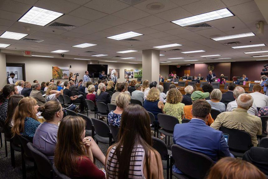 People attend a hearing on redrawing congressional district maps at the Missouri capitol on Thursday, Sepember. 4, in Jefferson City, Missouri.
