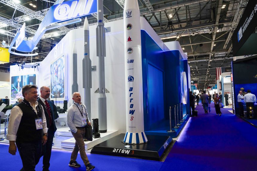 Model of an Arrow 3 missile, right, and a BARAK-MX missile on the IAI stand at the DSEI 2025 exhibition in London on September 10, 2025.