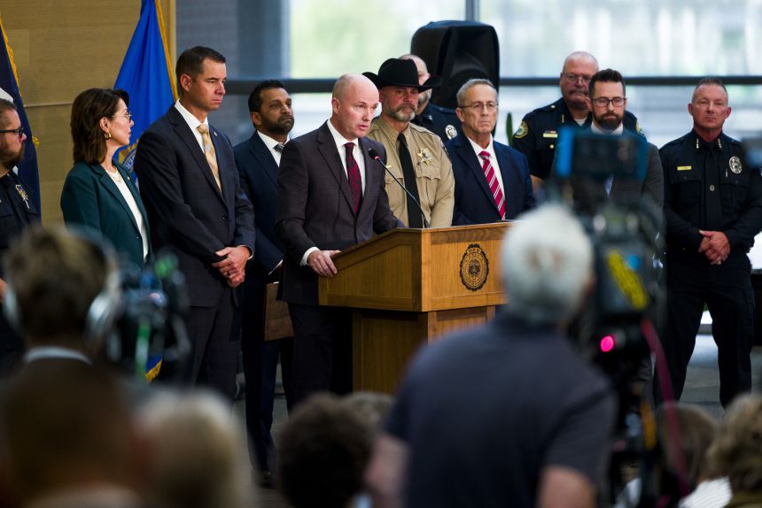 Utah Gov. Spencer Cox speaks at a press conference in Orem on September 12.