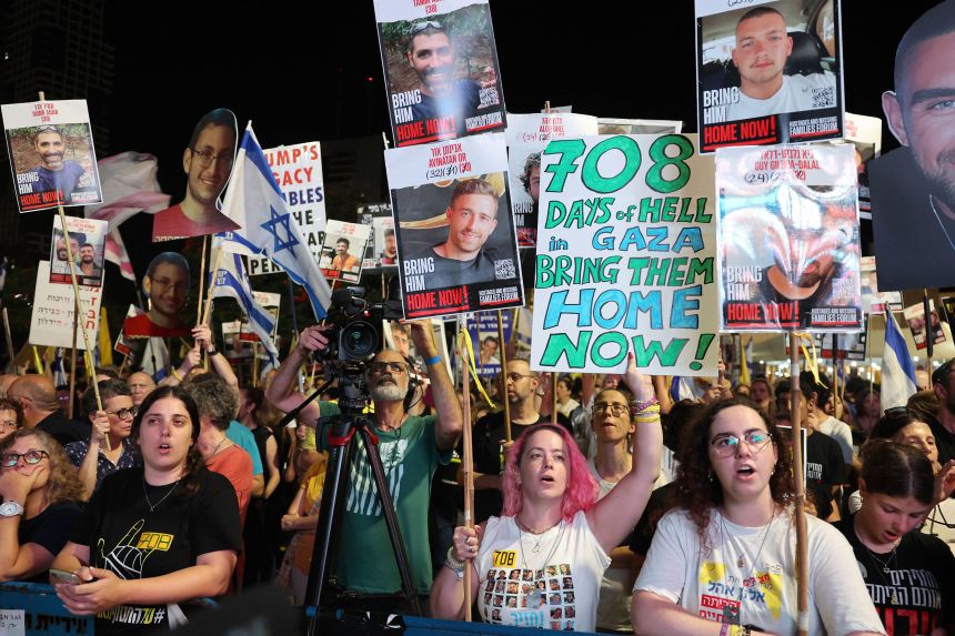 Israelis call for the return of the remaining hostages held in Gaza at a demonstration in Tel Aviv on Saturday.