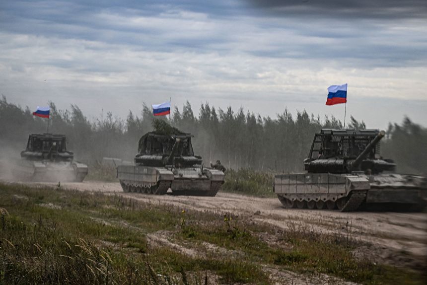 Russian tanks move during the 