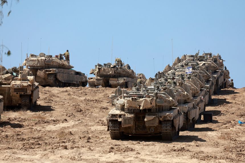 A convoy of Israeli tanks is seen at Israel's border with Gaza on September 16.