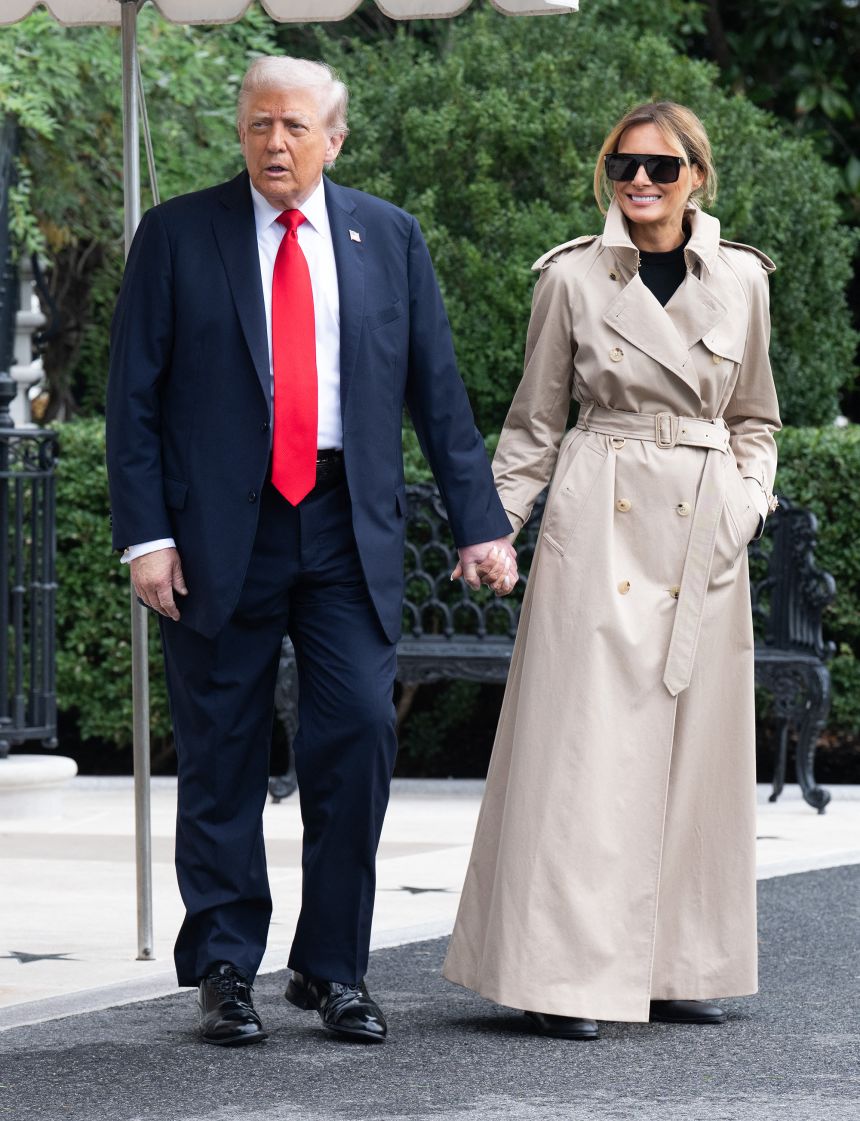 Her travel outfit, which she arrived at London Stansted Airport in, was a floor-length Burberry trench coat — nodding to British heritage.