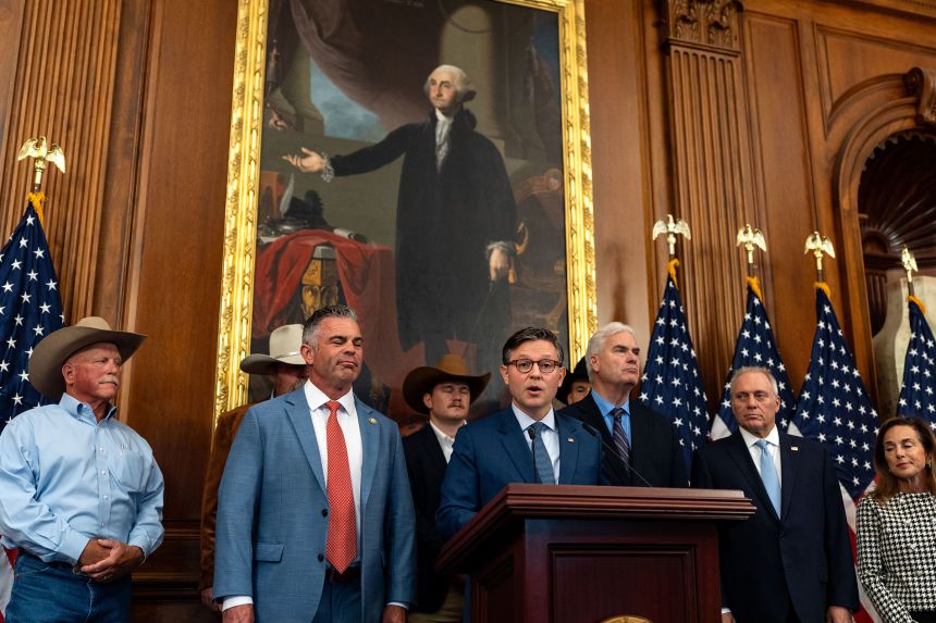 Speaker of the House Mike Johnsontakes questions from reporters at the US Capitol on September 16, 2025.