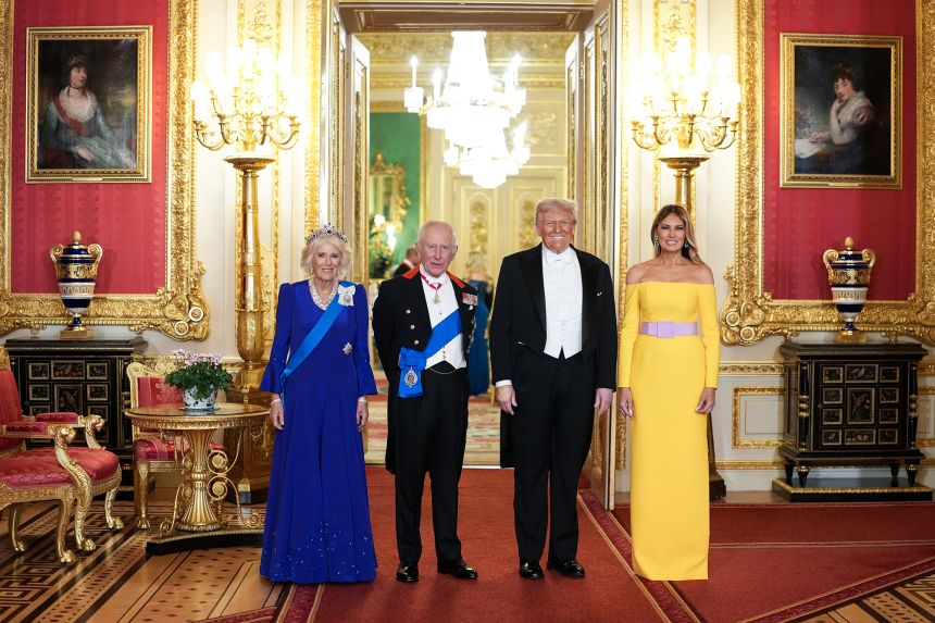 Melania Trump chose an off-the-shoulder Carolina Herrera gown for the state dinner. Her square-buckled, pastel pink belt will also have raised eyebrows.