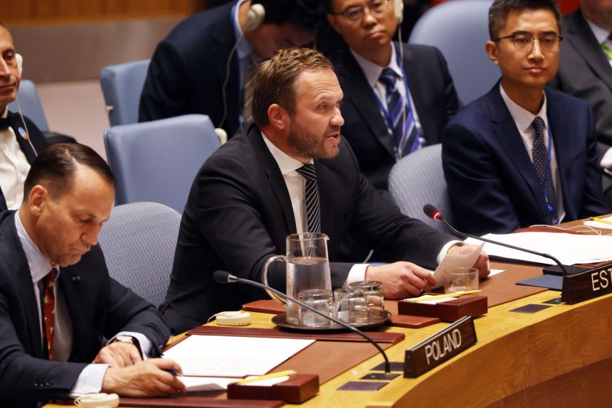 Estonia's Foreign Minister Margus Tsahkna delivers a statement at a Security Council emergency meeting to discuss Russian fighter jet incursions into NATO member Estonia's airspace at United Nations (UN) as world leaders arrive for the 80th session of the UN’s General Assembly (UNGA) on September 22, 2025 in New York City.