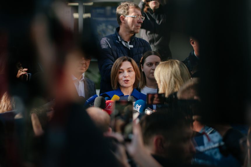 Moldovan president Maia Sandu talks to the media outside a polling station after casting her vote in Chisinau, Moldova on September 28, 2025.