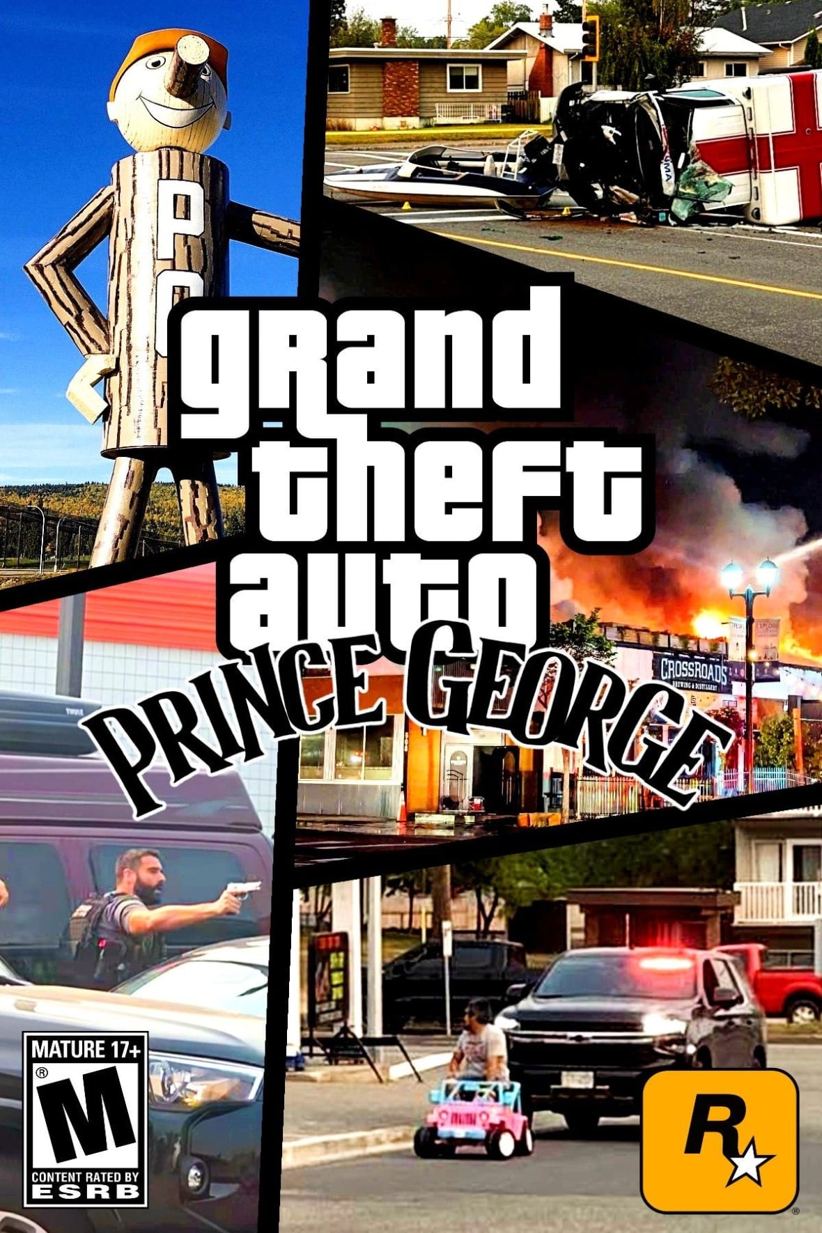 A mock Grand Theft Auto videogame cover, showing Mr. PG, a flipped ambulance, an RCMP officer with a gun out, a building on fire and the man in the pink Barbie Jeep being pulled over.