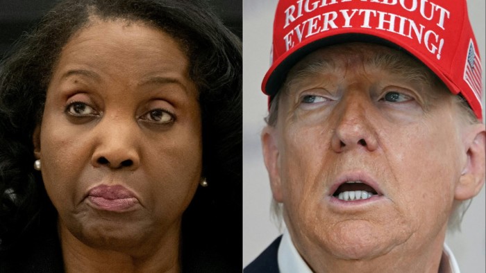 Lisa Cook and Donald Trump are shown in a split image, each looking to the side with serious expressions.