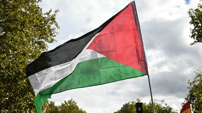 A Palestinian flag is waved outdoors during a protest, with trees and a cloudy sky in the background