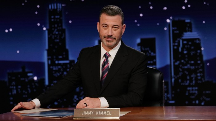 Jimmy Kimmel sits at his desk on the set of ’Jimmy Kimmel Live!’ on Tuesday