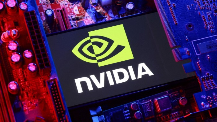 An illustration showing the Nvidia logo surrounded by computer motherboard components.