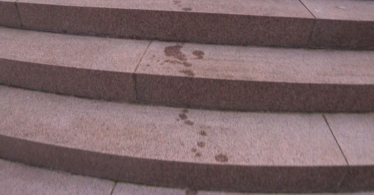 Two men charged after allegedly spraying unknown oil-based substance on Anzac Memorial