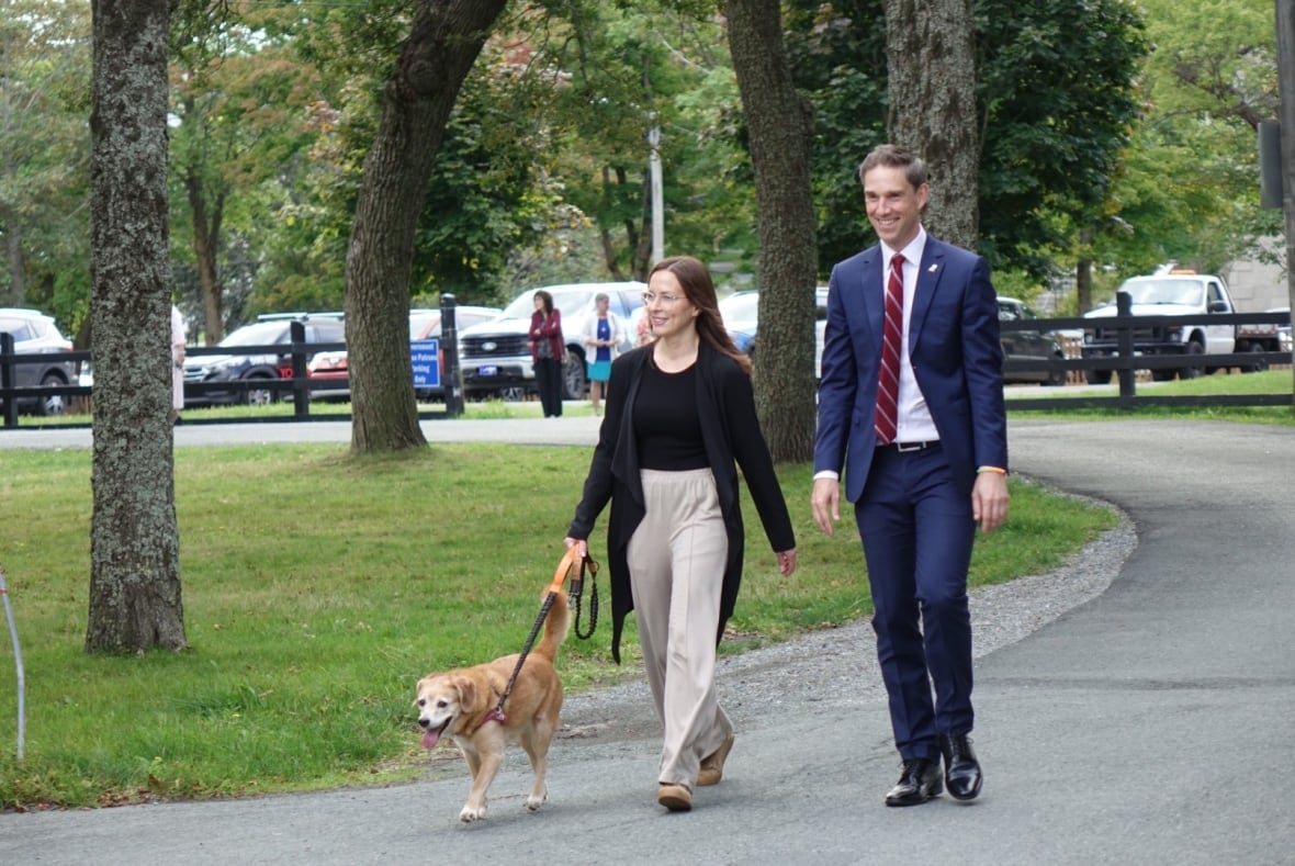 A man and woman walk a dog in a park.