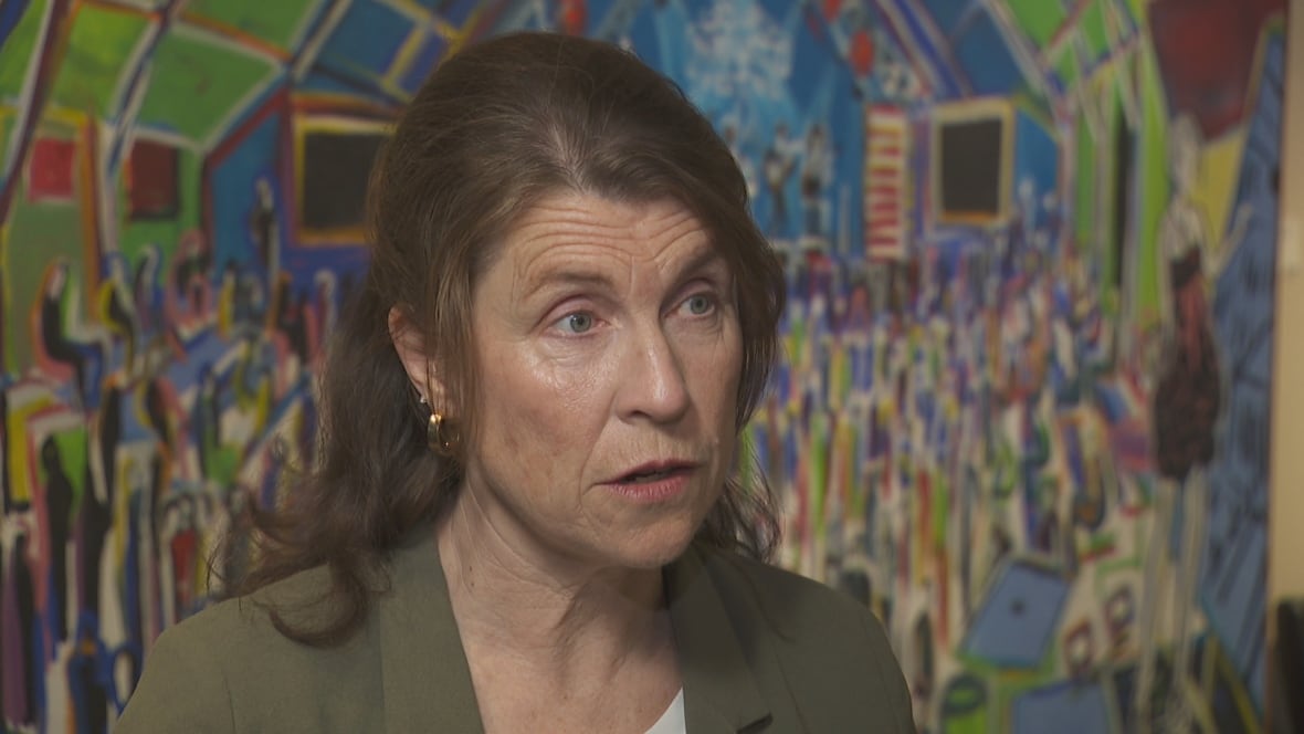 Kate Rogers speaks inside Fredericton city hall.