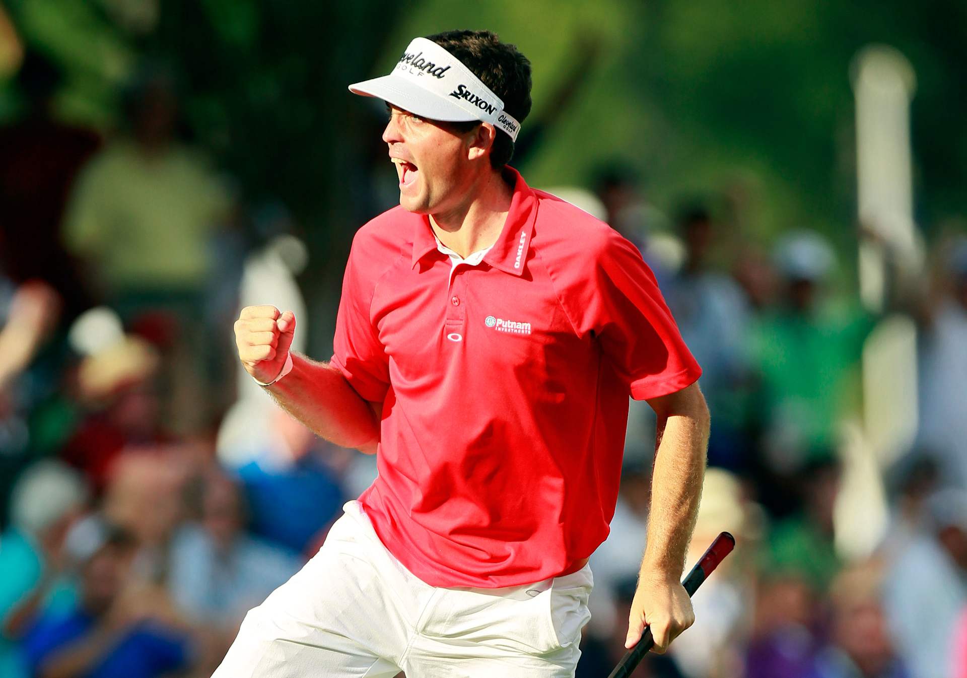 JOHNS CREEK, GA - AUGUST 14:  Keegan Bradley celebrates a birdie putt on the 17th green during the final round of the 93rd PGA Championship at the Atlanta Athletic Club on August 14, 2011 in Johns Creek, Georgia.  (Photo by Kevin C. Cox/Getty Images)