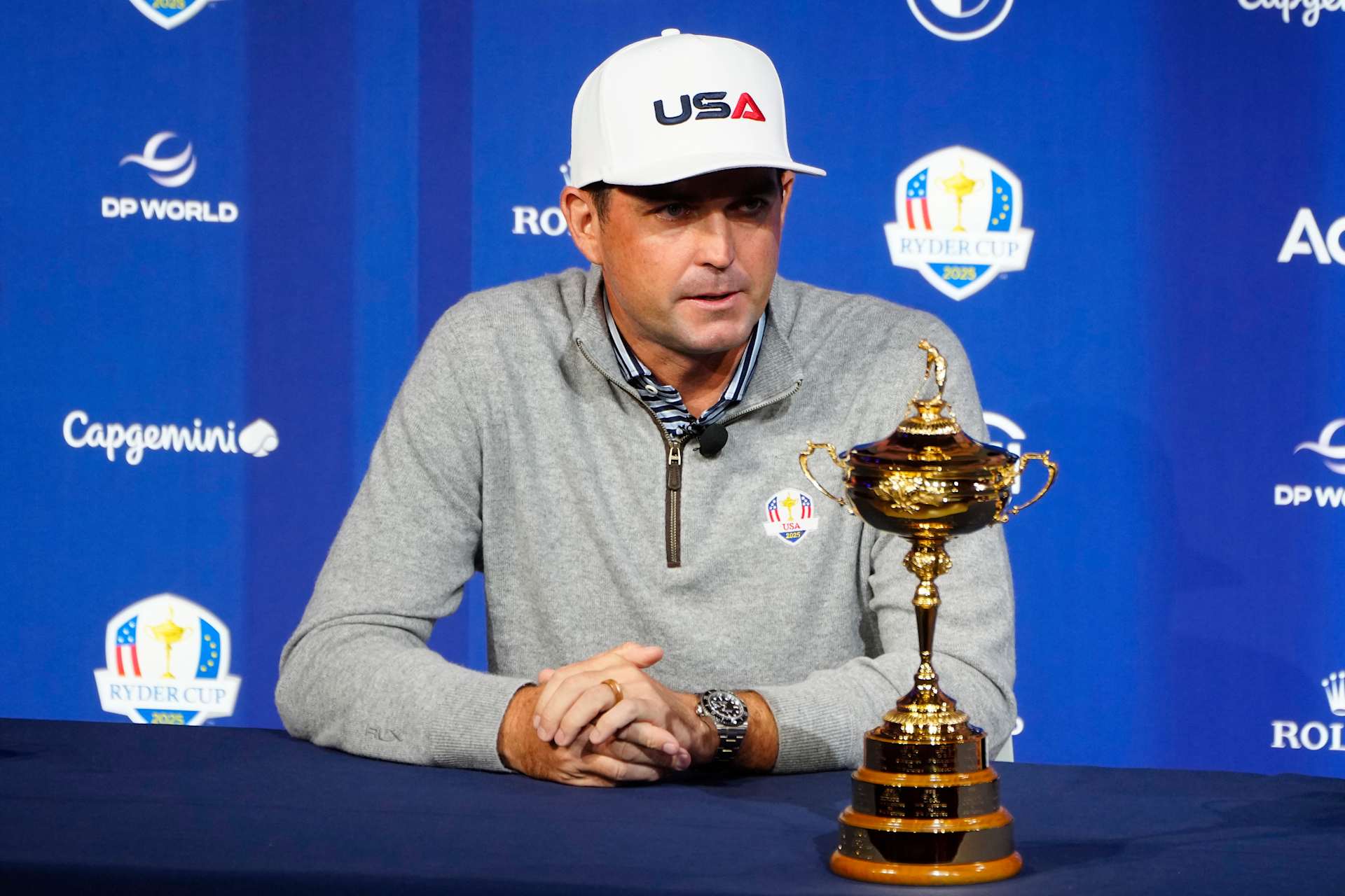 NEW YORK, NEW YORK - OCTOBER 08: Keegan Bradley of The United States speaks at a press conference during the Ryder Cup 2024 Year to Go Media Event at The Times Center on October 08, 2024 in New York, New York. (Photo by Mike Stobe/Getty Images)