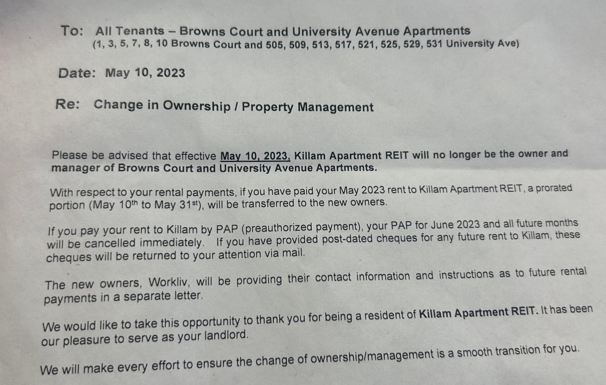 A letter with the heading saying it is addressed to all tenants of certain numbers on Brown's Court and University Avenue. 