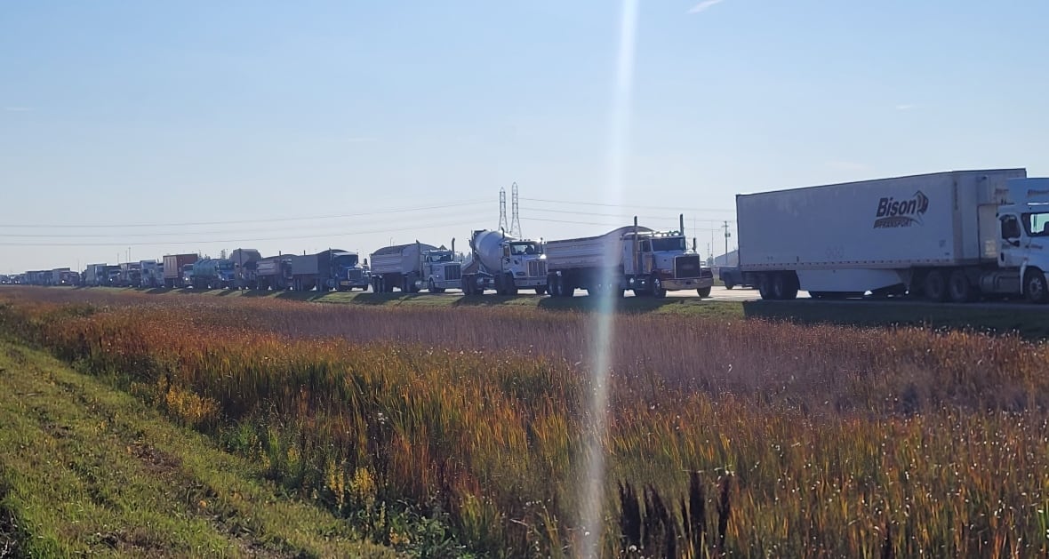 A long line of semi-trailer trucks are backed up along a highway.