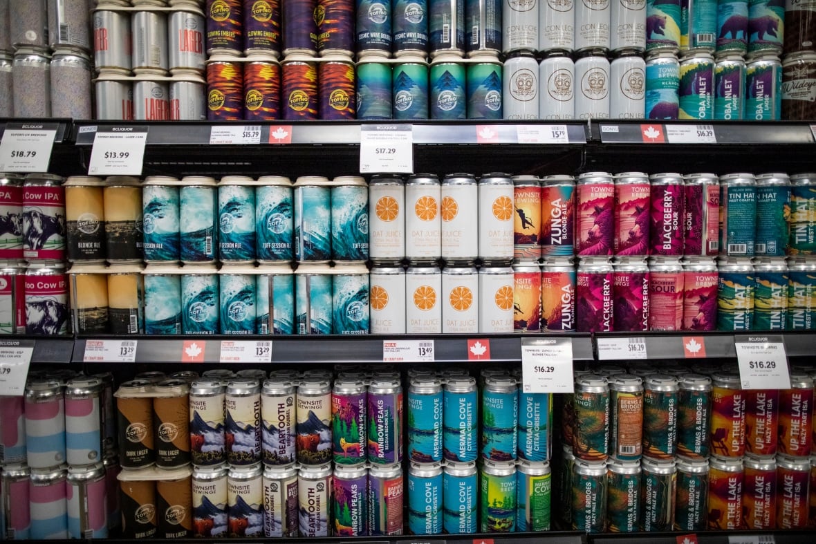 Rows of colourful beer cans on a store shelf