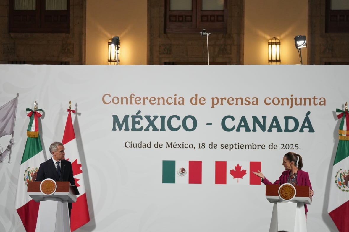 Two people stand at podiums with Canadian and Mexican flags around them.