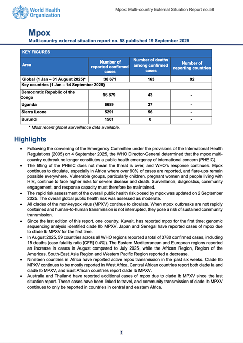 Multi-country outbreak of mpox, External situation report #58 - 19 September 2025