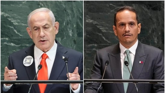 Israeli PM Benjamin Netanyahu apologised to Al Thani (R) for violating Qatari sovereignty in the September 9 strike on Doha. (AFP)