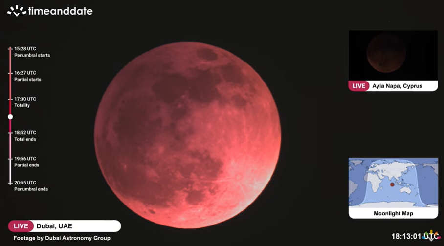 The blood moon at full eclipse from Dubai
