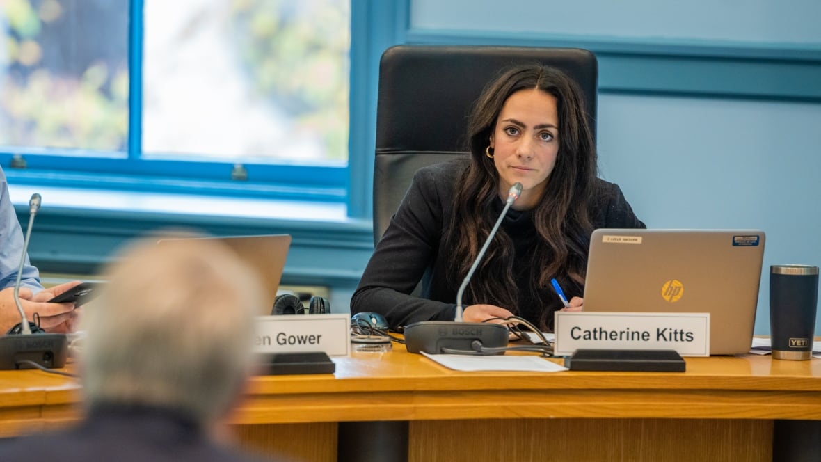 A city councillor listens to a speaker during a meeting.