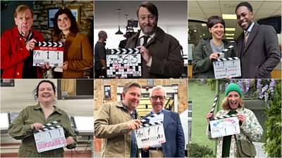 A collage of cast members from Death Valley, Ludwig, Granite Harbour, Dinosaur, Only Child and Balamory hold clapperboards for the start of shooting