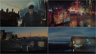 Scenes from Peaky Blinders, Gavin & Stacey, Blue Lights and Shetland projected on structures in Dudley, Barry, Belfast and Shetland