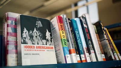 A dozen or so books with various titles on a bookshelf.  They have library stickers on the spines.  
