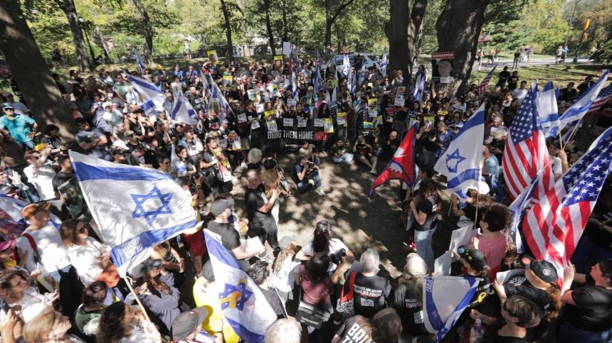 Families of Israeli hostages, survivors of captivity and supporters gather in Central Park in New York on Sunday, September 28.