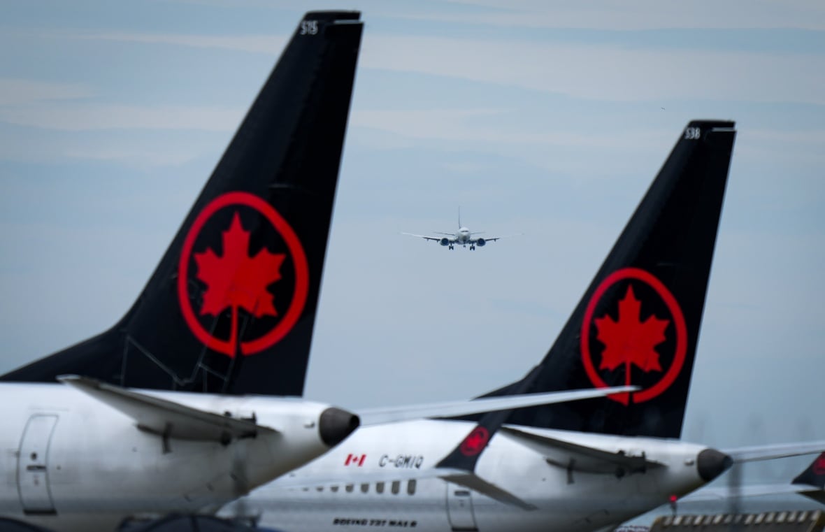 Air Canada aircraft sit parked at Vancouver International Airport as a United Airlines flight from Chicago prepares to land, in Richmond, B.C., on Monday, August 18, 2025.