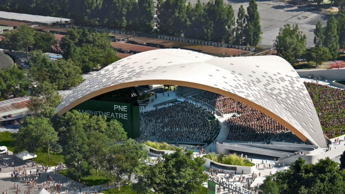 A large white awning shaped like a triangle and built from timber stretches over the PNE's new amphitheatre in this artist's rendering of what the fair says is the largest free-span timber roof structure in the world.