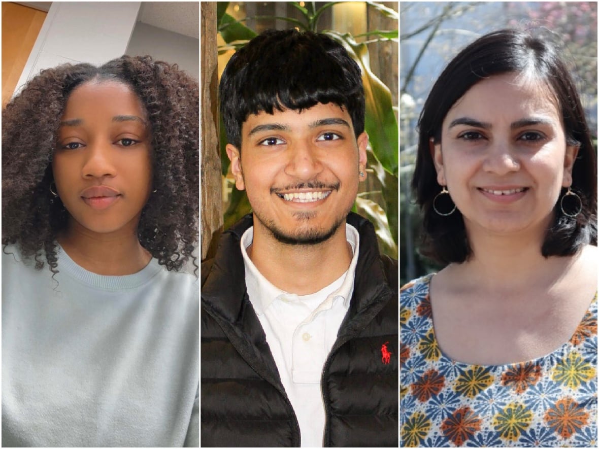 An image showing three post-secondary students: a young Black woman, from left, a young man of South Asian heritage at centre, and an older Nepalese woman.