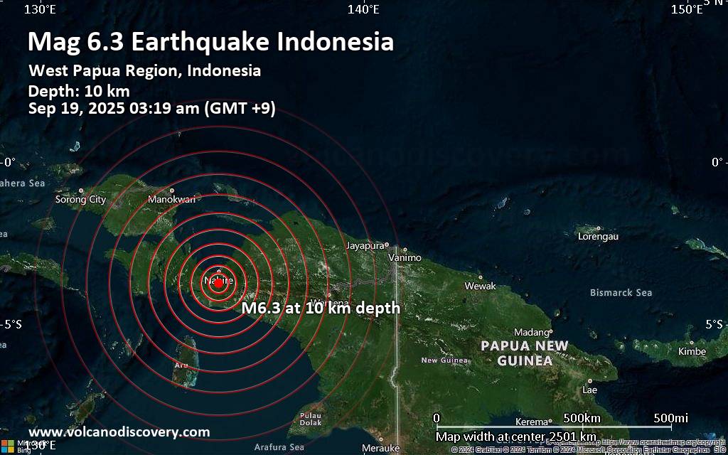 Very strong mag. 6.1 earthquake - South Papua, 28 km south of Nabire, Kabupaten Nabire, Central Papua, Indonesia, on Thursday, Sep 18, 2025, at 06:19 pm (Universal Time) - - Volcano Discovery