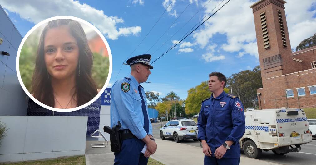 Annalyse Blyton (inset) and Hunter Valley Police District Commander, Acting Superintendent Justin Cornes and NSW Ambulance Intensive Care paramedic Josh Parfrey address media in Cessnock on Friday, September 5. Picture by Alanna Tomazin