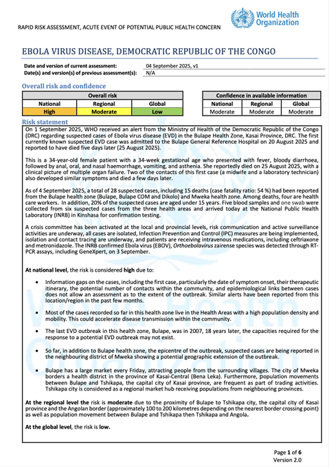 WHO Rapid Risk Assessment - Ebola Virus Disease, Democratic Republic of the Congo v.1