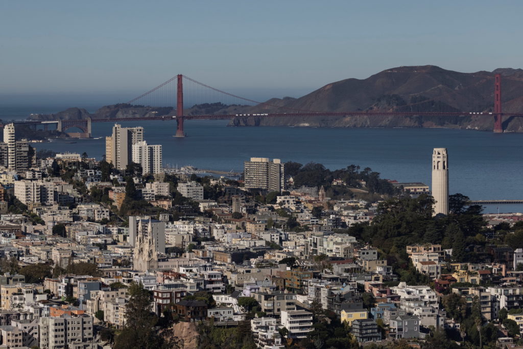 An aerial view of the city of San Francisco skyline and the Golden Gate Bridge in California, U.S., October 28, 2021. Phot...