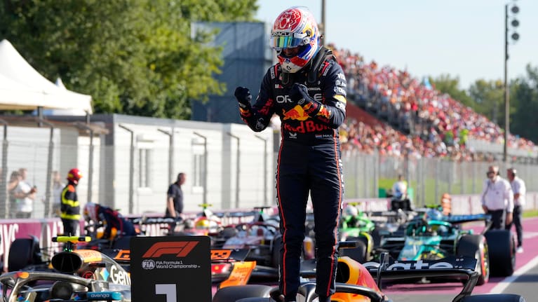 Red Bull driver Max Verstappen of the Netherlands celebrates his pole position after the qualifying session ahead of the Italian Grand Prix at the Monza racetrack in Monza, Italy, Saturday, Sept. 6, 2025.